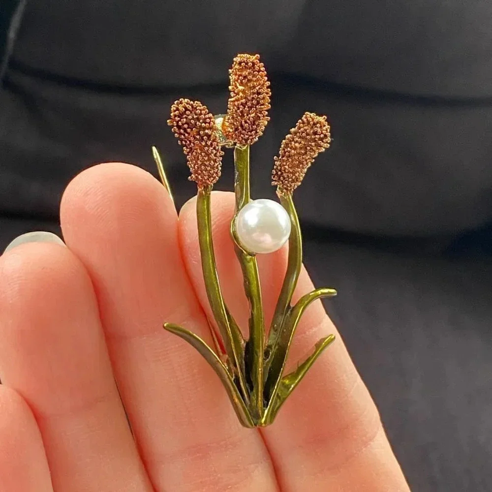 Cattail Enamel Brooch with Faux Pearl